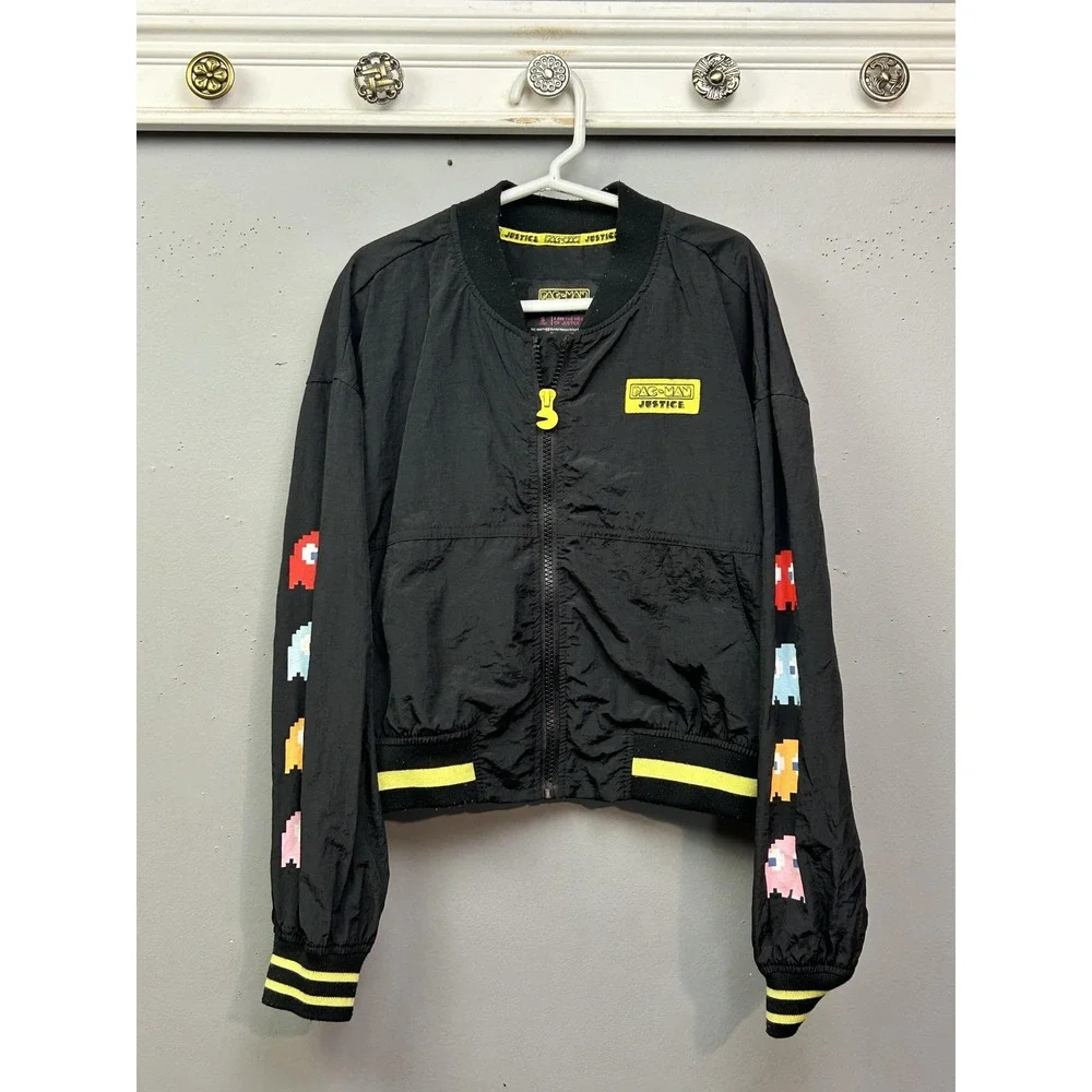 Justice Pac-Man Bomber‎ Jacket Girls Small 7/8 Black Full Zip Retro Game Arcade